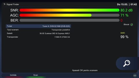 Recepție în România cu antenă obișnuită de satelit a unui semnal cu polarizare circulară, folosind un LNB liniar nemodificat
